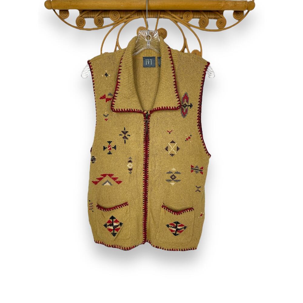 IVY women's vintage sweater vest full zip tan tribal embroidered M
